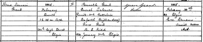 Birth entry for Mons Louvain Grant, 7 February 1915