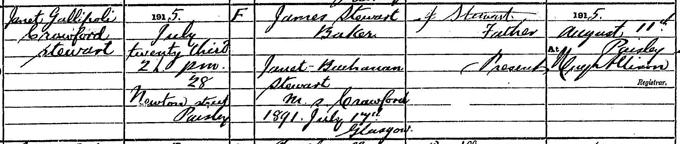Birth entry of Janet Gallipoli Crawford Stewart, 23 July 1915