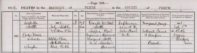 Death entry of Isabella Scott, 16th July 1918.