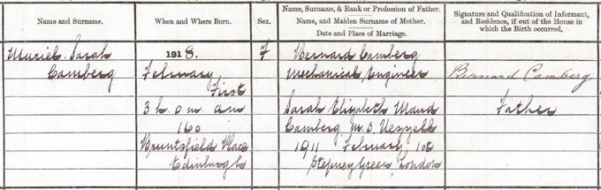 Image of the birth entry of Muriel Camberg