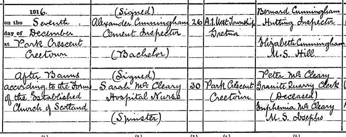 Detail from Alexander Cunningham and Sarah McCleary’s marriage entry, 7th December 1916. Crown copyright, National Records of Scotland, Statutory Register of Marriages, 1916, 873/4.