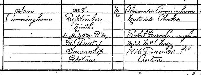 Detail from the birth entry of Sarah and Alexander’s first son, Ian Cunningham, 9th September 1918. Crown copyright, National Records of Scotland, Statutory Register of Births, 1918, 827/69.