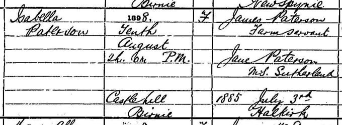 Detail from the birth entry of Isabella Paterson, 10th August 1898. Crown copyright, National Records of Scotland, Statutory Register of Births, 1898, 127/14.