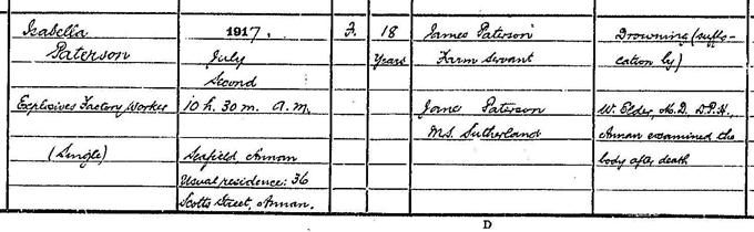 Detail from the death entry for Isabella Paterson, 2nd July 1917. Crown copyright, National Records of Scotland, Statutory Register of Deaths, 1917, 812/54.