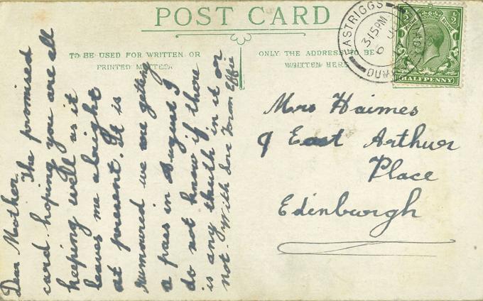 The postcard written by Effie to her mother, 6th July 1917. Courtesy of Graeme Hendry.