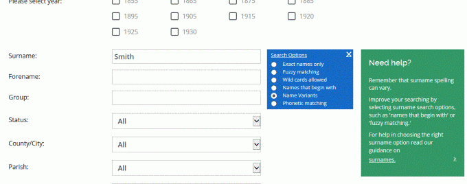 Search options for the surname and forename search boxes