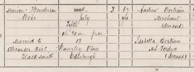 Detail from Marion Weir’s death entry, 5th July 1900. Crown copyright, National Records of Scotland, Statutory Register of Deaths, 1900, 685/3 423