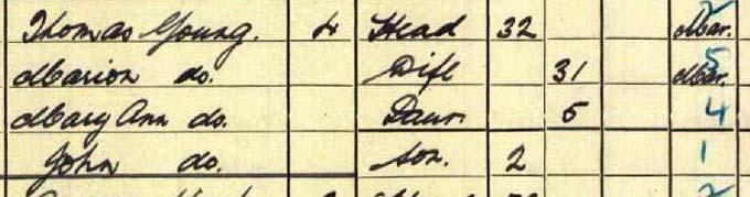 Detail from the 1911 census enumerating the Young family. Crown copyright, National Records of Scotland, 1911 census, 685/3 8 page 16 1921