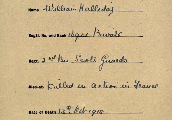 Detail from Private William Halliday’s will. Crown copyright, National Records of Scotland, Soldiers’ and airmen’s wills, Regiment: Scots Guards, SC70/8/1039/5 page 1