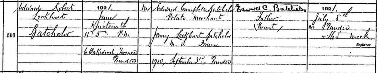 Register of birth for Edward Batchelor, 1921