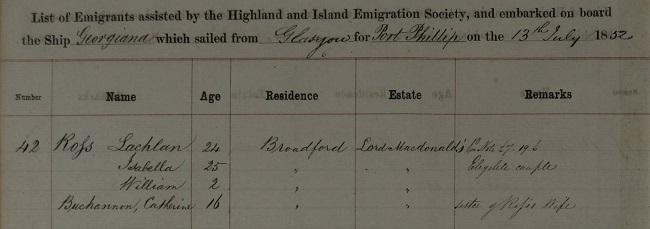 Highlands and Islands emigration - Ross family 1852_3