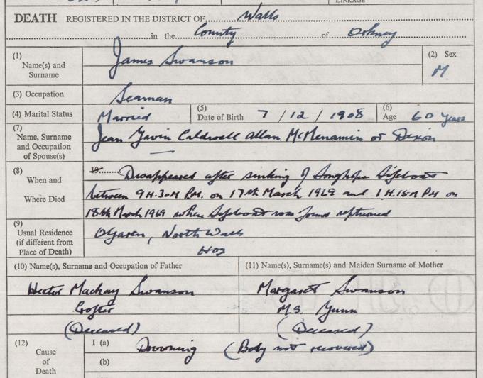 James Swanson death entry 1969