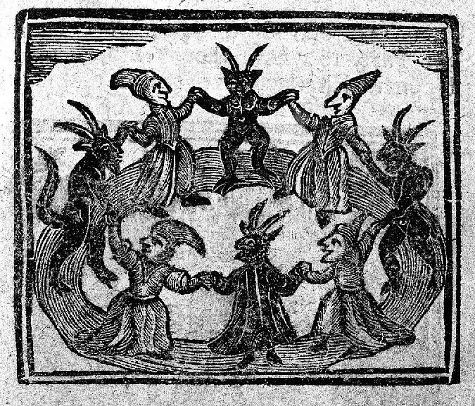 Detail of woodcut of witches flying on broomsticks. The History of Witches and Wizards, 1720.