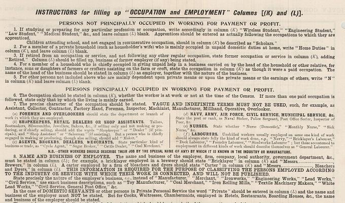 Details of instructions contained in Schedule A, 1921 census, Scotland.