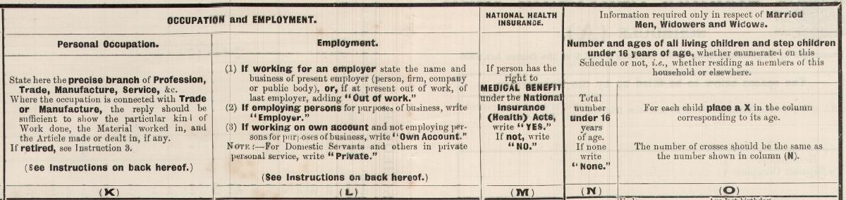 Reverse side of specimen sample of Schedule A, 1921 census (detail, columns k to o).