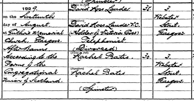 Detail from David Ross Lauder VC and Rachel Bate’s marriage entry. Crown copyright, National Records of Scotland, Statutory Register of Marriages, 1929, 644/3 384 page 192