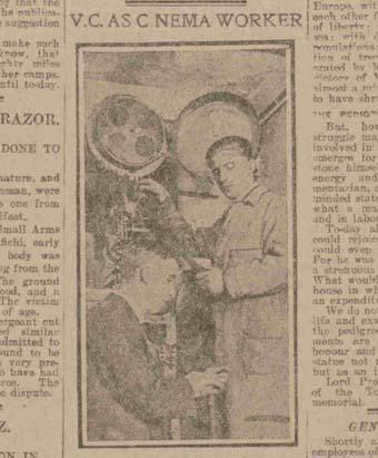 An image of Lauder working as a cinema operator (shown on the right) with a colleague. Credit: Daily Record Friday 19th January 1917
