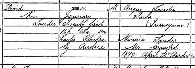 Detail from David Lauder’s birth entry. Crown copyright, National Records of Scotland, Statutory Register of Births, 1894, 651/1 122 page 41