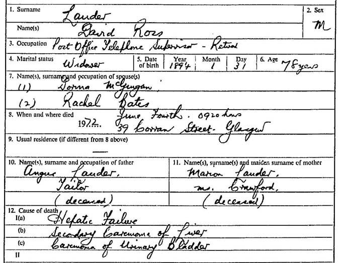 Detail from David Lauder’s death entry. Crown copyright, National Records of Scotland, Statutory Register of Deaths, 1972, 611/ 454