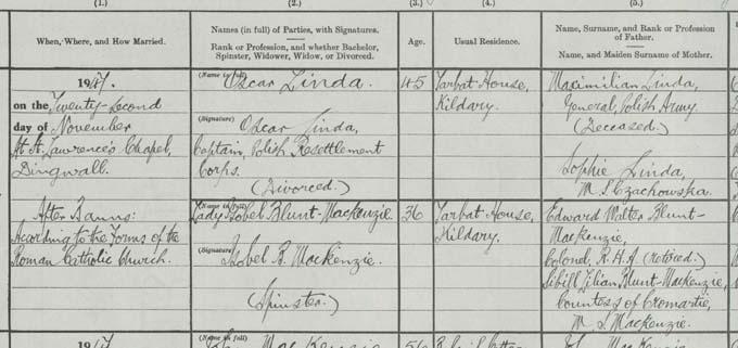Detail from the marriage entry of Captain Oscar Linda and Lady Isobel Blunt-Mackenzie. Crown copyright, National Records of Scotland, Statutory Register of Marriages, 1947, 062/47 page 24