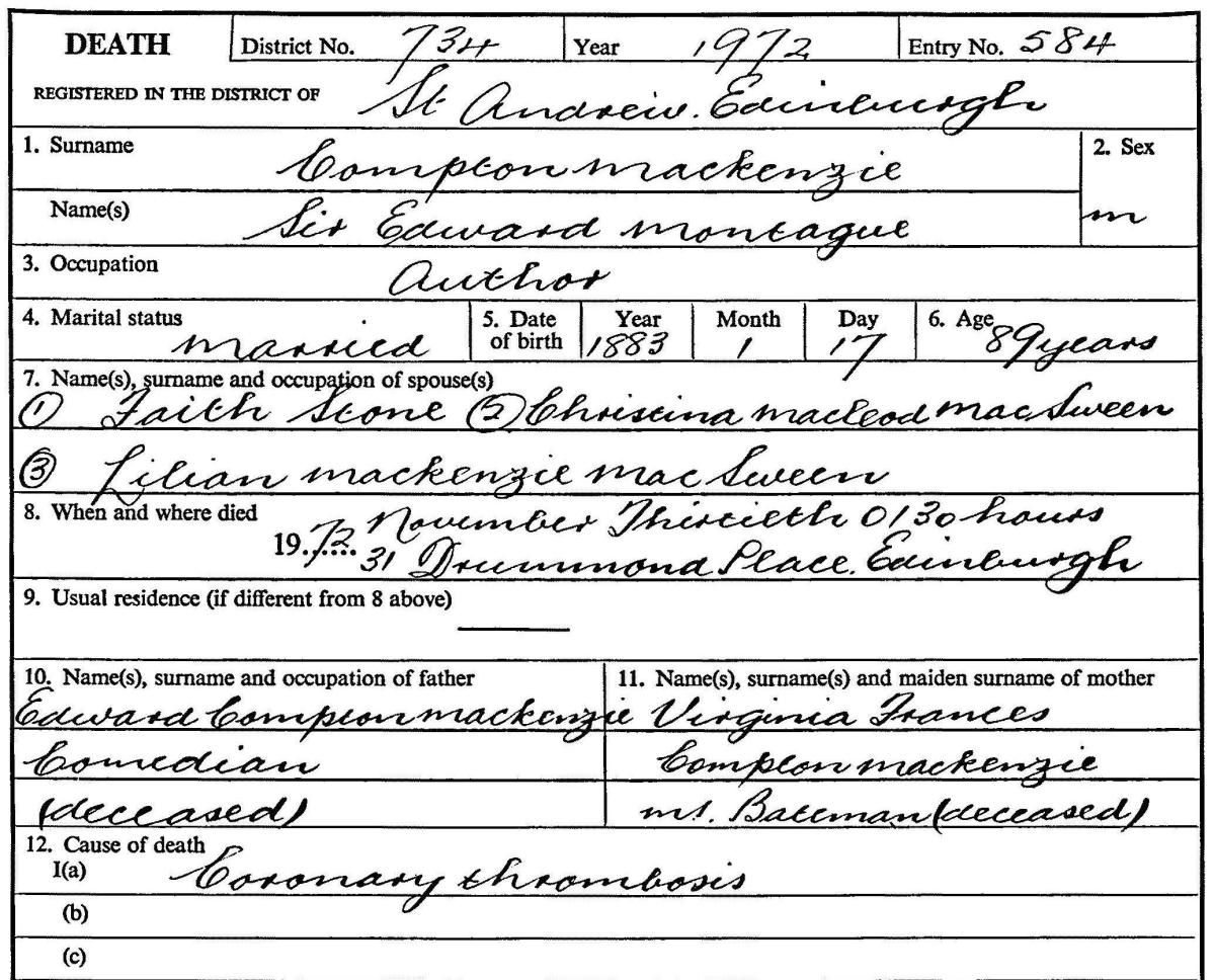 Extract from Sir Compton Mackenzie's death certificate, 1972.