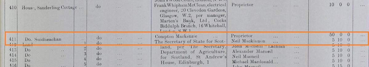 Valuation Roll of 1940 recording Mackenzie's ownership of a house on Barra