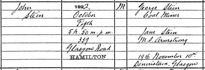 Detail from Jock Stein’s birth entry. Crown copyright, National Records of Scotland, Statutory Register of Births, 1922, 647/1046 page 349
