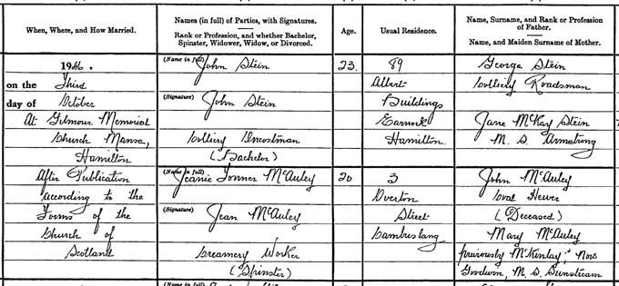 Detail from Jock Stein and Jeanie McAuley’s wedding entry. Crown copyright, National Records of Scotland, Statutory Register of Marriages, 1946, 647/323 page 162.