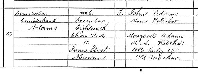 Detail from the birth entry of Annabella Cruickshank Adams, 18th December 1886. Crown copyright, National Records of Scotland, Statutory Register of Births, 1886, 168/1 36 page 12