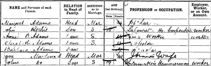 The Adams family enumerated in the 1901 census. Crown copyright, National Records of Scotland, 1901 census, 168/1 3/1