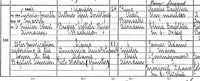 Detail from the marriage entry of Arthur Doubtfire and Annabella Cruickshank Adams. Crown copyright, National Records of Scotland, Statutory Register of Marriages, 1906, 168/1 138 page 69