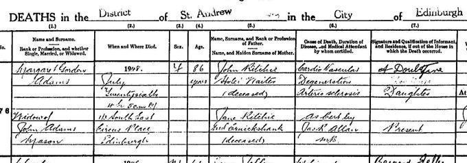 Margaret Adam’s death entry. Crown copyright, National Records of Scotland, Statutory Register of Deaths, 1948, 685/2 376 page 126
