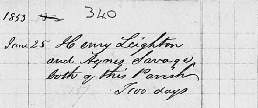 Savage and Leighton’s marriage entry, 1853. NRS, OPR, Largs, 1853, 570/9/8 page 8