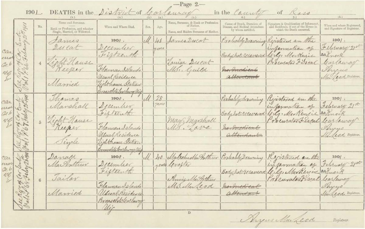 The entries for Ducat, Marshall and MacArthur in the register of deaths, 1901. Crown copyright, National Records of Scotland, 086/B5 page 2