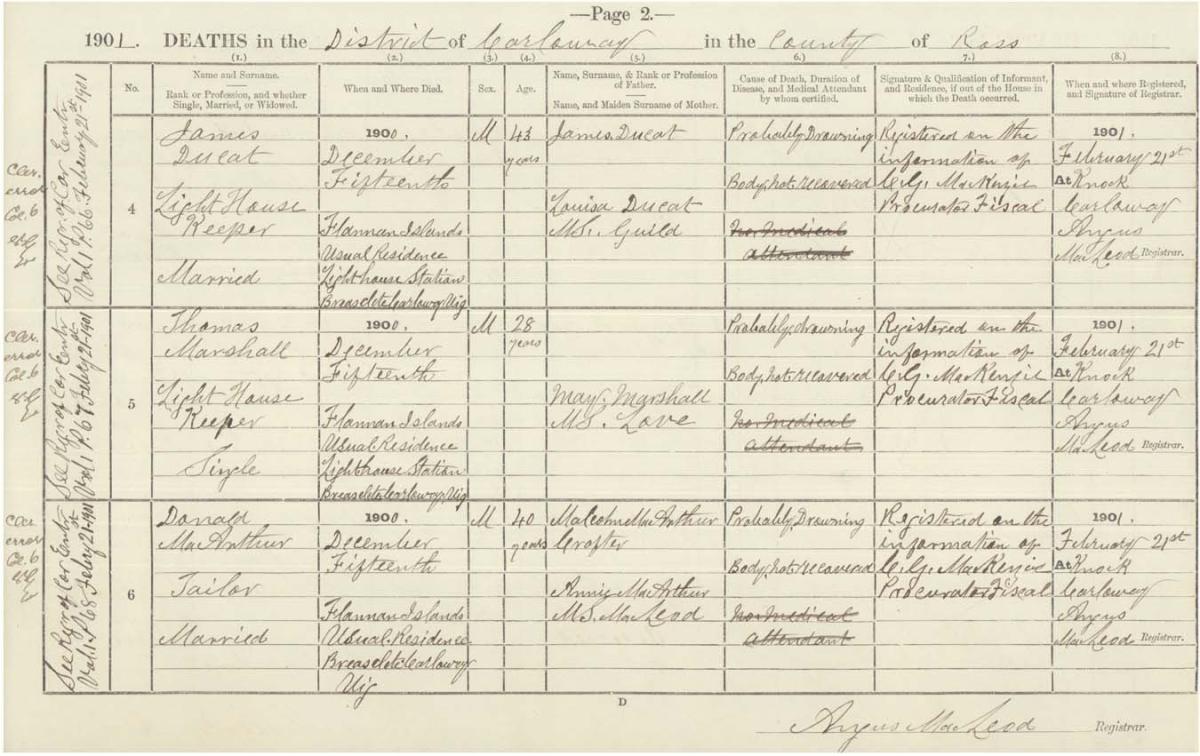 The entries for Ducat, Marshall and MacArthur in the register of deaths, 1901. Crown copyright, National Records of Scotland, 086/B5 page 2