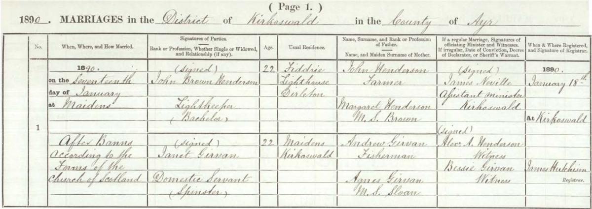 The marriage entry for John Brown Henderson and Janet Girvan, 17th  January 1890. Crown copyright, National Records of Scotland, Statutory Register of Marriages, 1890, 601/1 page 1