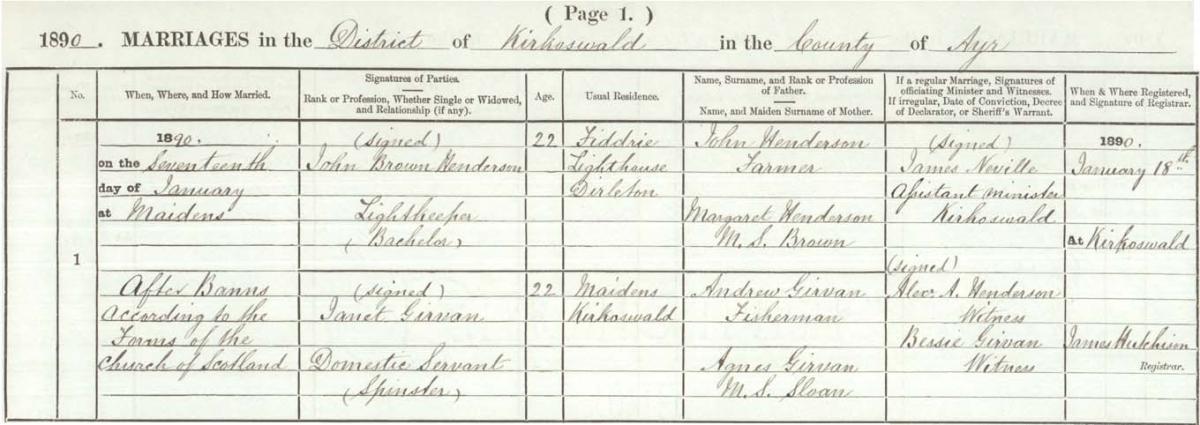 The marriage entry for John Brown Henderson and Janet Girvan, 17th January 1890. Crown copyright, National Records of Scotland, Statutory Register of Marriages, 1890, 601/1 page 1