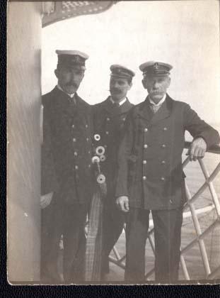 John Henderson, believed to be the far right, atop The Bell Rock Lighthouse.  Courtesy of the Morrison Family