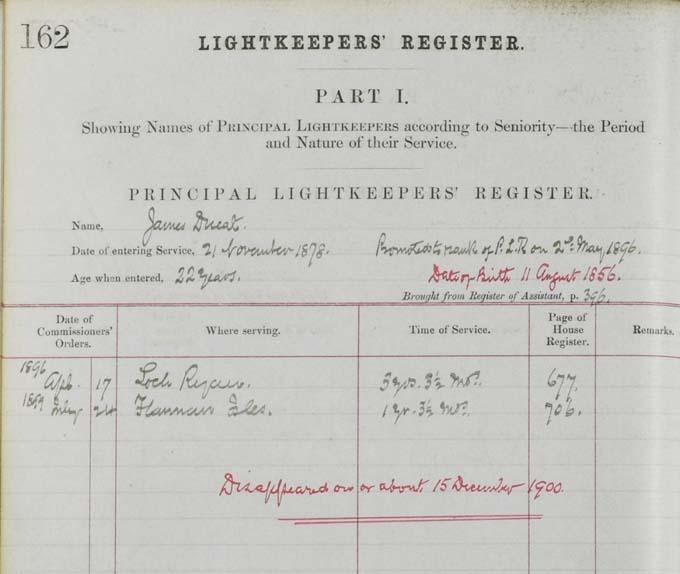Information recorded on Thomas Ducat’s time as a Principal Lightkeeper in the Lightkeeper Registers. Crown copyright, National Records of Scotland, NLC4/1/3 (page 162)