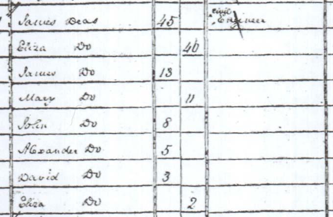 The 1841 census enumerating the Deas family. Crown copyright, National Records of Scotland, 1841 census, 685/2 97 page 9