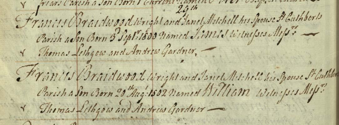 James Braidwood’s birth entry Crown copyright, NRS, Old Parish Register of Births, Edinburgh, 1803, 685/1 page 165
