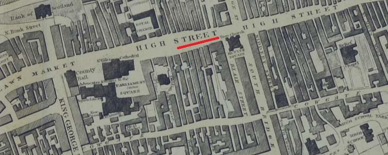 Detail from a plan of the City of Edinburgh, 1823. The red marker on the plan highlights the area where the fire spread. The Tron Church can be seen at the right edge of the marker. The entire plan can be seen on the ScotlandsPeople website. NRS, RHP13044/16