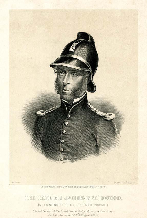 A lithograph portrait of James Braidwood wearing fire brigade uniform and helmet Credit: © The Trustees of the British Museum, released as Creative Commons BY-NC-SA 4.0