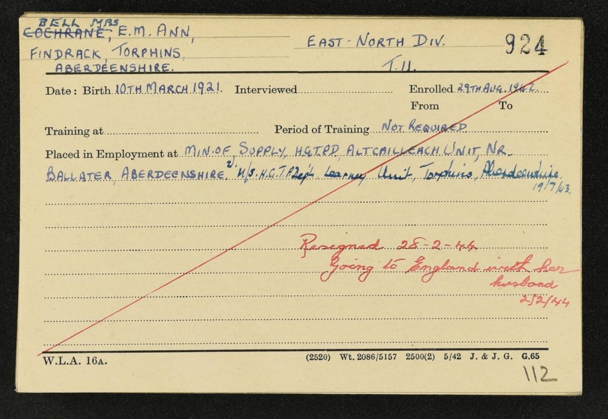 WTC index card for Ann Cochrane or Bell.