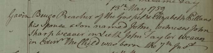 An image of John Beugo’s birth entry in the Old Parish Register of Edinburgh
