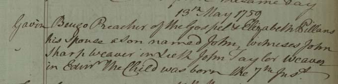 An image of John Beugo’s birth entry in the Old Parish Register of Edinburgh
