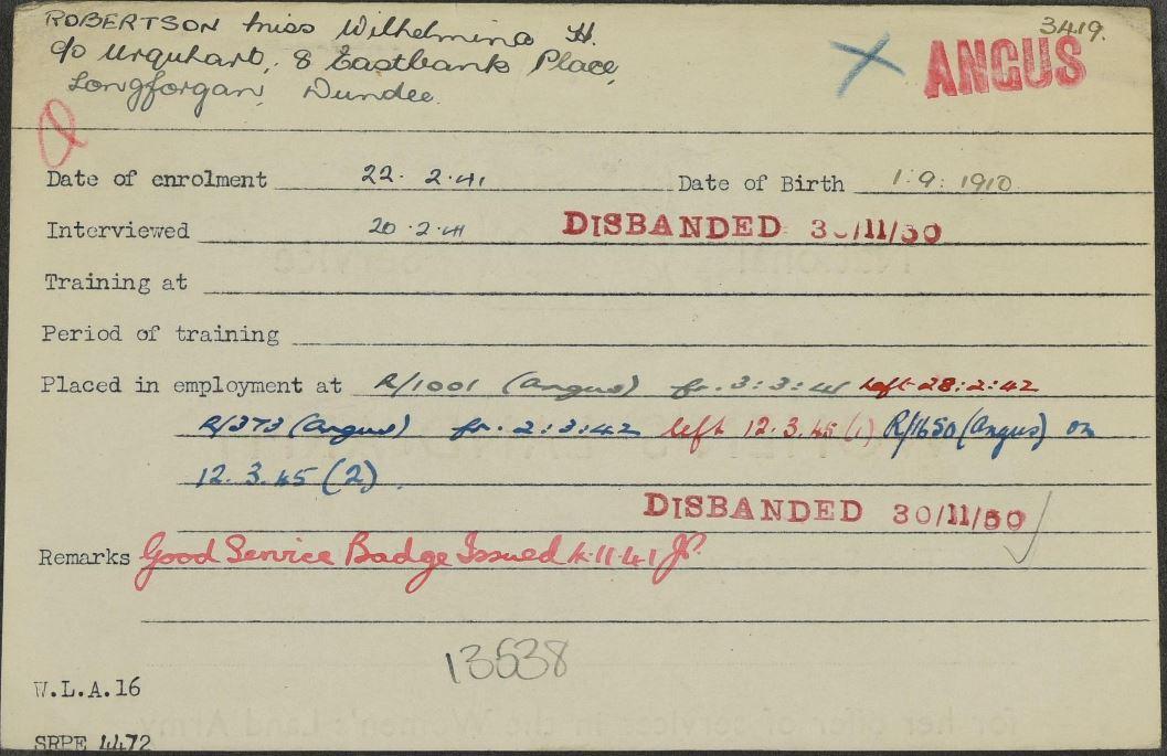 SWLA index card for Wilhelmina Hutchison Robertson