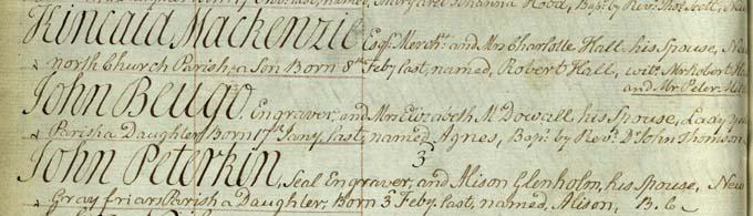 Agnes Beugo’s birth entry. Crown copyright, NRS, Old Parish Register of births, Edinburgh, 685/1 page 140