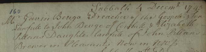 Gavin Beugo and Elizabeth Pillan’s marriage entry Crown copyright, NRS, Old Parish Register of marriages, Edinburgh, 685/1 page 8