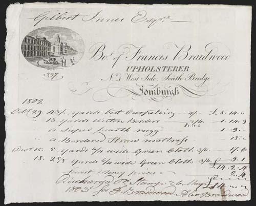 An engraving at the head of a receipt from 1803 by John Beugo shows the South Bridge and Tron Kirk. NRS, GD113/5/340/87